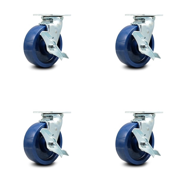 6 Inch Solid Polyurethane Caster Set with Roller Bearing and Brake/Swivel Lock